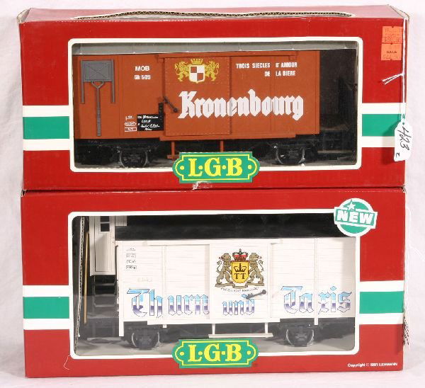 NETTE - 2 LGB G Ga. 4-Wheel Beer Wagons: 4126 Thurn & Tuns, metal wheels, obs w/inserts C9; 4028 Kronibourg, metal wheels, Kaydee style couplers, obs w/inserts C7+