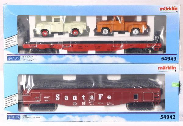 NETTE - MARKLIN Maxi 54942 & 54943 Freights: G Ga; 54942 Bogey Truck SF Gondola; 54943 Bogey Truck Flat w/Pick-ups, Unrun, ob w/insert, C9