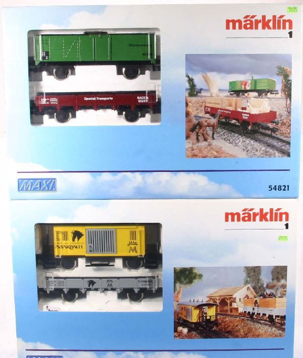 NETTE - MARKLIN Maxi 54755 Stable Set Plus: G Ga; 54755 Horse Flat; Brake Van w/Stable Structure; 54821 Extension Cars 2-Pk, Unrun, ob w/insert, C9