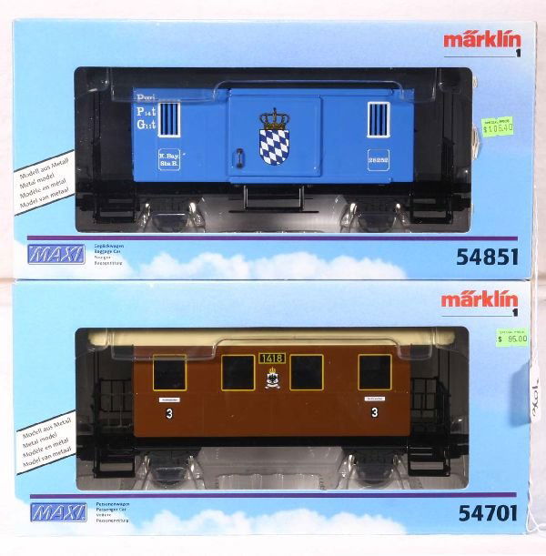 NETTE - MARKLIN Maxi 2 Pc. Car Lot: G Ga; 54851 Guard Wagon; 54701 Coach, Unrun, ob w/insert, C9