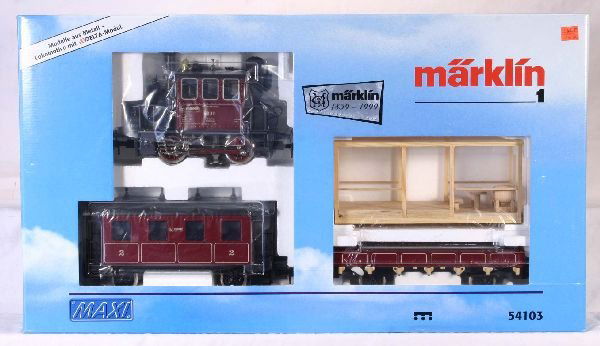 NETTE - MARKLIN Maxi 54103 Train Set: G Ga; 1959-1999 Commemorative Set, 0-4-0 Glaskasten Loco w/Delta Module; Flat w/Dance Floor; Coach, Unrun, ob w/insert, C9