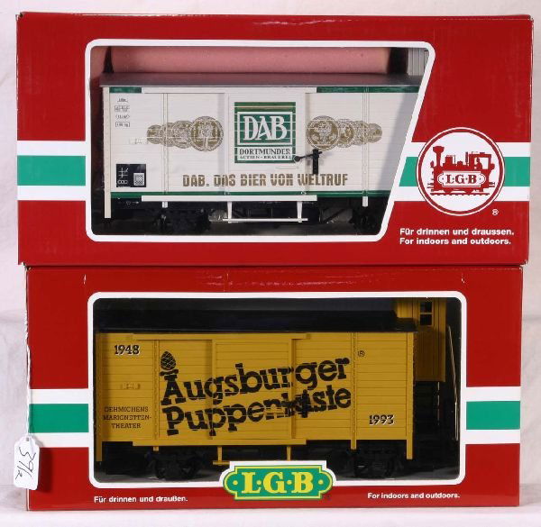 NETTE - 2 LGB 4-Wheel Freight Cars: G Ga; 47265 DAB Goods Wagon w/Guard Shack; 42260 1948-1993 Puppet Theater Commemorative Goods Wagon, Unrun, ob w/insert, C9