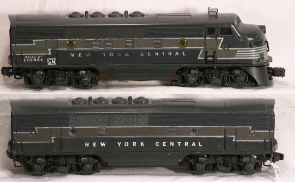 NETTE - LIONEL 2333 & 2344C NYC F3 AB Diesels: Yes, 2333 F3 A Power, hs lettering light 1 side, but nice stripes w/original lenses, o/w C6; 2344C B-Unit, replaced port hole lenses, C7