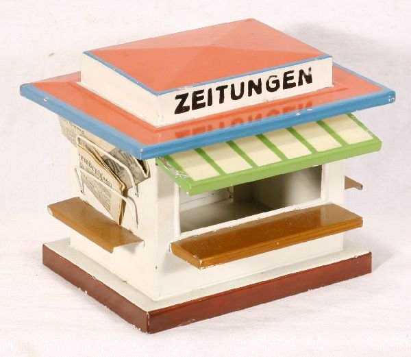 NETTE - BING Newsstand: HP Tin w/retractable awning, 5" X 3 1/2 X 4 1/2", minor flaking inside, papers appear original?, o/w C7+