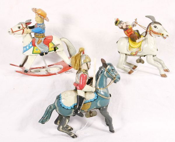 NETTE - 3 Horse & Rider Tin Toys: Haji Knight on Horseback, 8" T; Cowboy Rocker, missing lower lever pin, o/w working; Haji Jumping Monkey on Horse, missing 1 rubber ear, o/w C7+