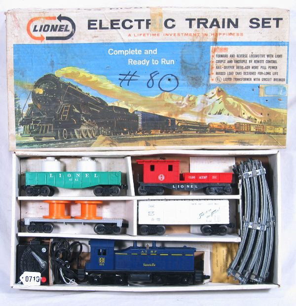 NETTE - Boxed LIONEL Set 11530: 634 AT&SF NW-2 Diesel, minor hairline screw crack, lightly run, C-7+(excellent Plus); 6014 Frisco Boxcar; 6402 Flat w/reels; 6142 Gondola w/canisters, cars unrun, C-9(Near Mint); 6130 SF Work Caboose,