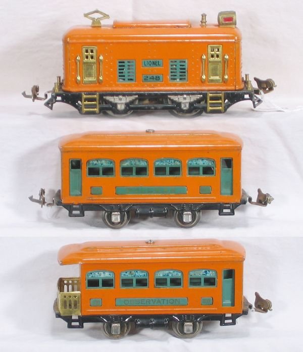NETTE - 3 Pc. LIONEL 248 Passenger Set: 248 Loco Second version w/peacock trim, light & wheels fatigued; 629 Pullman; 630 Obsv., o/w C-6+(Very Good Plus)