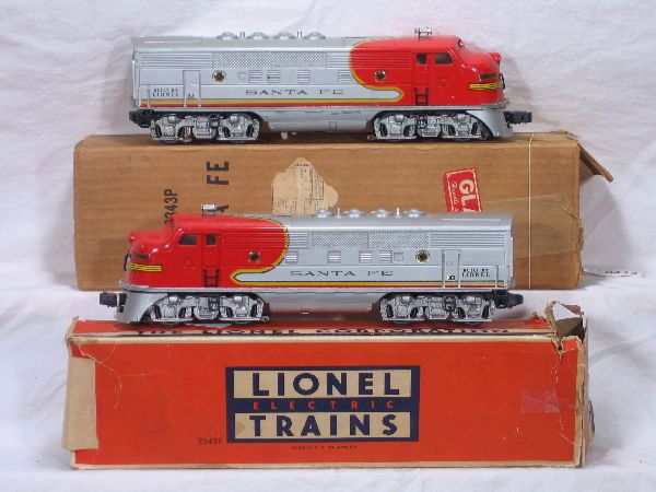 NETTE - Boxed LIONEL 2343 SF F3 AA Diesels: Decals 90%, all original port hole lenses, clean, o/w C7; obs w/1 insert, C5