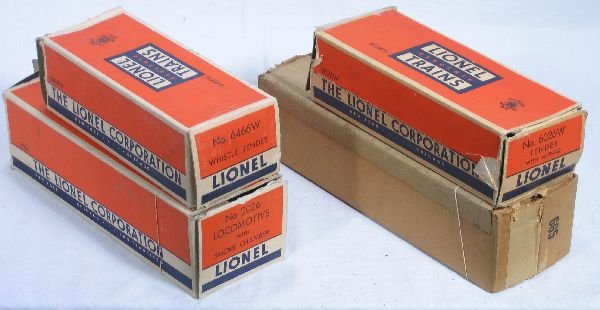 NETTE - Empty LIONEL Boxes 665 & 2026: 665, C9; 6026W, C5; 2026 w/insert, missing 1 end flap o/w C8; 6466W, C7+