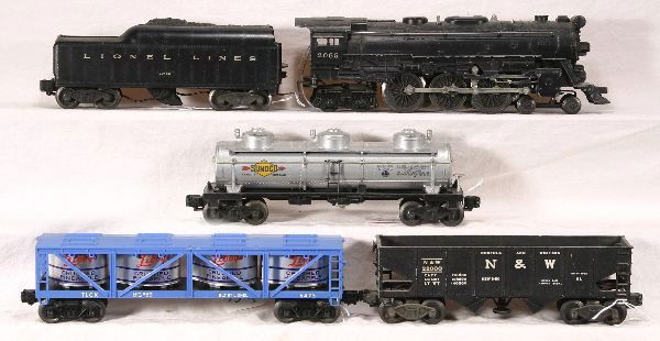 NETTE - 5 Pc. LIONEL: 2065 Loco, C5; 2046W Tender, 1 broken step; 6415 Tank Car; 6475 Libby's Vat Car, C8; 3456 N&W Oper. Hopper, dirty, o/w C6