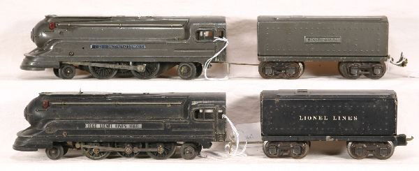 NETTE - LIONEL Pre War O Ga. 1668 & 1688 Locos: 1668 Torpedo Loco; 1689W Tender w/MBC; 1688 Vanderbilt Loco, missing 1 jewel; 1689T Tender, gunmetal, C6