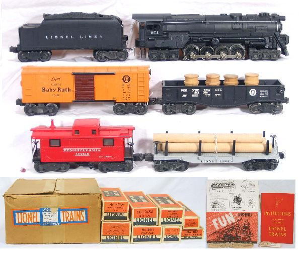 NETTE - Nice Boxed LIONEL Set 2125WS: Circa 1947: 671 Turbine Loco, decal 100%, super matte patina; 2671W Tender , white HS lettering; 2452 Gondola w/Drums; 2411 Flat w/Logs; 2454 BR Boxcar, nice matte patina; 2457 Caboose, rear truck has