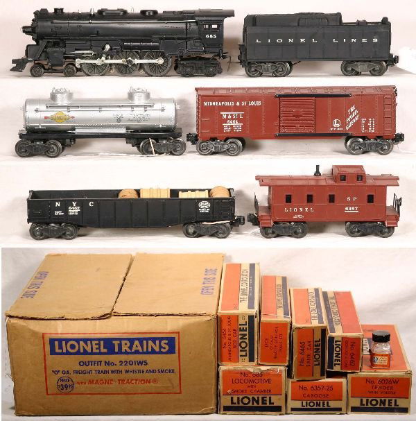 NETTE - Boxed LIONEL Set 2201WS: Circa 1953: 685 Loco, HS lettering; 6026W Tender; 6462 Gondola w/Drums; 6465 Tank Car; 6464-50 M&StL Boxcar, Type 1; 6357 Caboose, obs some have tape, osb is C7+, Trains C7+