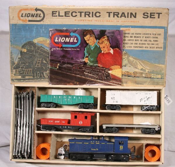 NETTE - Boxed LIONEL Set 11530: Circa 1966; 634 SF NW-2 Diesel, filled in horn hole version, minor hairline screw crack; 6142 Gondola w/Canisters; 6014 Frisco Boxcar; 6402 Flat w/Reels; 6130 SF Work Caboose, osb w/inserts & Track, C