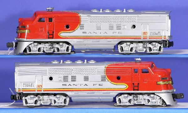 NETTE - Nice LIONEL 2343 SF F3 AA Diesels: Bright clean silver, decals near 100% w/ small hairline on dummy A, missing lenses, o/w C7+