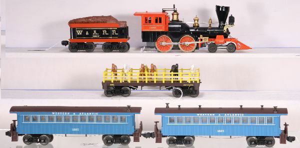 NETTE - Rare LIONEL/ SEARS Halloween General Set: Well, almost. 1882 Loco, minor rubs on steam chests; 1882T Tender; 2 #1885 Blue Coaches; 1887 Flat w/Horses, 1 nib off 1 long rail, o/w C7+