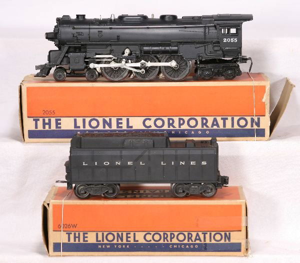NETTE - Boxed LIONEL 2055 Steam Loco: Great matte patina, HS Lettering, missing 1 jewel, 1 bent step; 6026W Tender, obs w/inserts, o/w C7