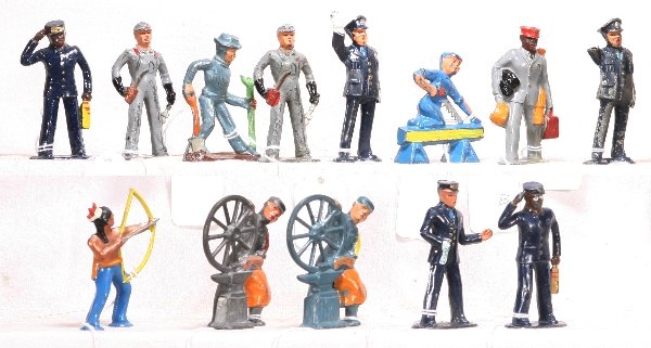 NETTE - 13 DIMESTORE Figures:: Barclay & French Hollow Cast. 1 Policeman is broken, 2 Oilmen are C6, o/w C8