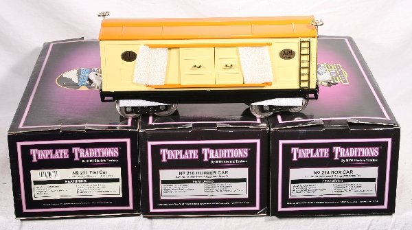 NETTE - 3 MTH 200 Series Freight Cars:: 10-1053(216 Hopper); 10-202(214 Boxcar); 10-1072(211 flat Car), all mid period colors, obs C9+