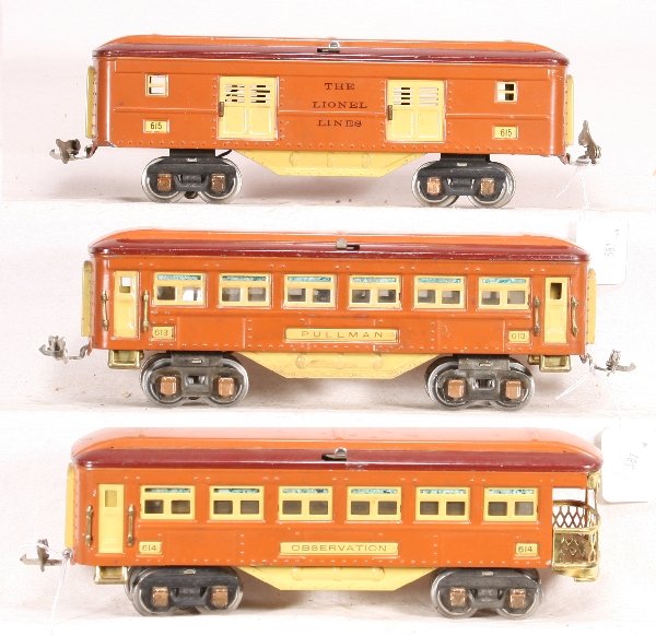 NETTE - LIONEL 613 Series Passenger Cars:: 615 Baggage; 613 Pullman; 614 Obsv, nice lettering, nice unhandled patina, C7 - C7+