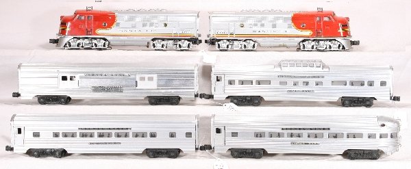 NETTE - 6 Pc. LIONEL Super Speedliner Set:: 2353 SF F3 AA Diesels, power ob only, battery damage on Dummy frame & bracket, normal decal chips at doors; 2530 Baggage; 2532 Vista-Dome; 2533 Pullman; 2531 Obsv, clean, o/w C6+