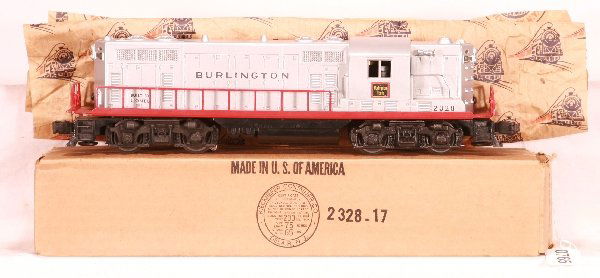 NETTE - Super Boxed LIONEL 2328 Burlington GP-7: Diesel. Bright clean silver, just a small box rub from flap above railing on end, lettering strong & even, impossible to find this nice! ob w/wrapping, C8 WOW!!
