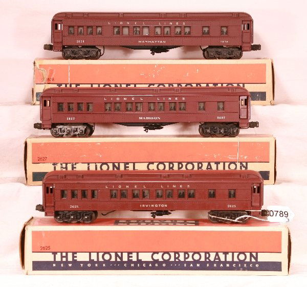 NETTE - Boxed LIONEL Madison Cars: 2625 Irvington; 2627 Madison; 2628 Manhattan, all fairly clean with minimal wear, all steps intact, tape over coils & silhouettes, obs w/inserts, 2625 has some tape and missing small flaps 1 side, C7+