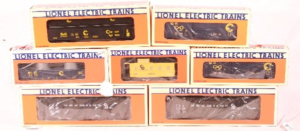 NETTE - 7 LTI C&O Freight Cars:: 17403 Gondola; 16555 Caboose; 6208 Gondola; 2 #15002 Boxcars; 2 #17128 St. O Hoppers, obs minor wear, C9