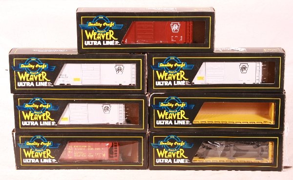 NETTE - 7 WEAVER PRR Freight Cars:: 491150 Pipe Flat, no load; 9364 Hopper; 498040 Boxcar; 494273 Pipe Flat; 498034 Boxcar; 499704 Boxcar; 498021 Boxcar, obs, o/w C9