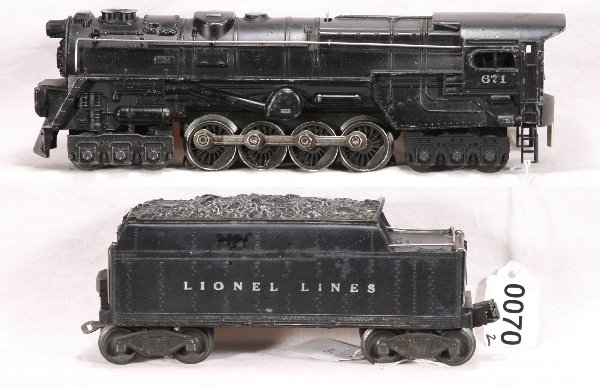 NETTE - LIONEL 671 PRR Turbine Loco:: 671 Turbine, touched up, cab lettering over painted 1 side; 671W Tender, o/w C6