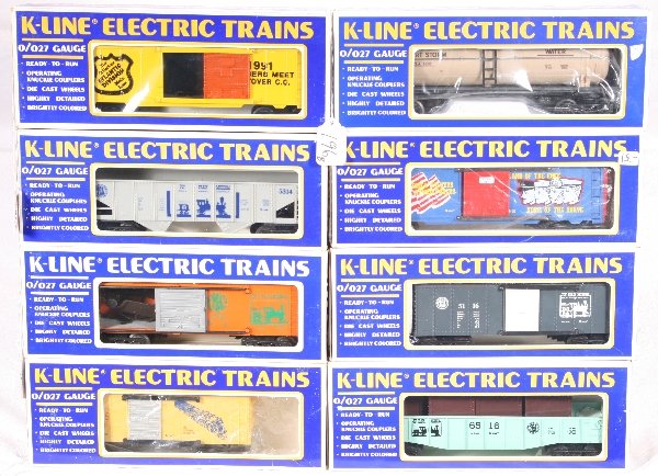 NETTE - 8 K-LINE Freight Cars:: 5314 Hopper; 1991 KMEETR Boxcar; 6460 Boxcar; 5714 Boxcar; 3785TT Boxcar; 6516 Gondola; 6335 Tank car; 5116 Boxcar, obs C9