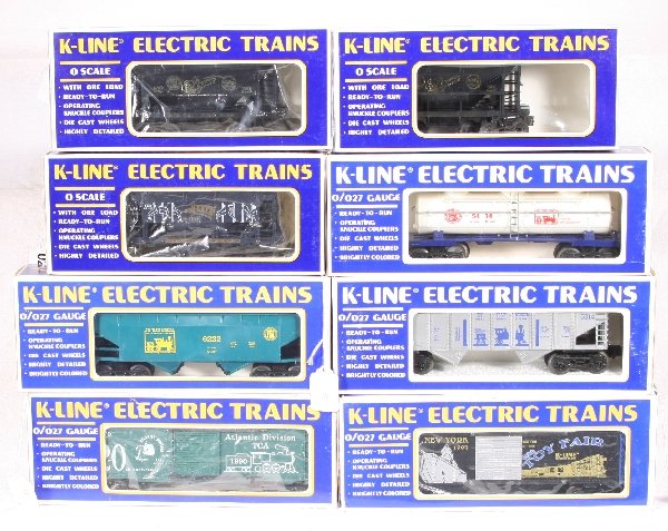 NETTE - 8 K-LINE Freight Cars:: 600TF Boxcar; 6222 Hopper; 5414-1986 Tank car; 5314-1986 Hopper; 2 v#6705 Ore Cars; 6449 Boxcar; 6730 Ore Car, obs C9