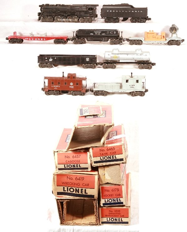 NETTE - 9 Pc. LIONEL Steam Freight Set:: 681 PRR Turbine Loco; 2671W tender, shell cracked; 3520 Searchlight Car, missing brakewheel; 3469 Coal Dump, C7; 6465 Tank car; 6462 Gondola; 6175 Flat no rocket; 6419 Boom Tender, roof cracked at chi