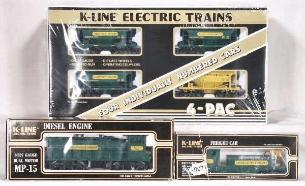 NETTE - K-LINE KCC Diesel Ore Car Train Set:: 2252IC MP-15 Diesel; 4-Pac KCC Ore Cars; 90011 Work Caboose, obs C9