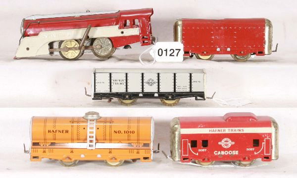 NETTE - 5 Pc. HAFNER Freight Set: 1010 Loco, tough red/white version, clock work working w/key & bell; Tender, ends plating worn; Gondola; Tank car; Caboose, o/w C7