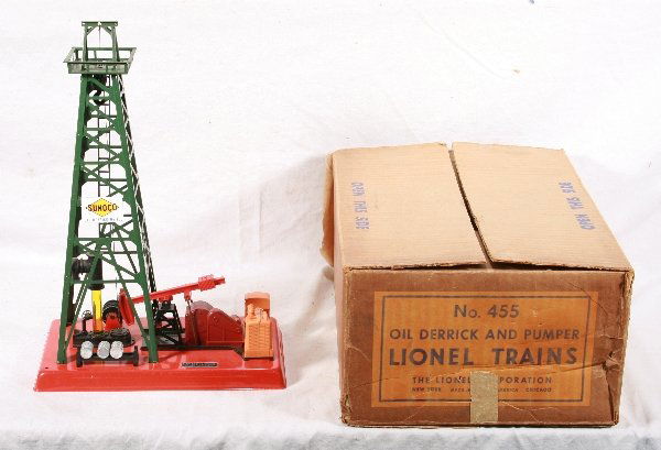 NETTE - Boxed LIONEL 455 Oil Derrick: Clean & shiny w/original drums and repro sign, 1950 box, o/w C7+