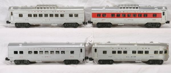 NETTE - 4 LIONEL Passenger Cars: 2423 Hillside Obsv, black lettered; 2 #2432 Clifton Vista-Domes, 1 has coach roof, 1 is C4; 2442 Clifton Vista Dome, satin red stripe, o/w C5