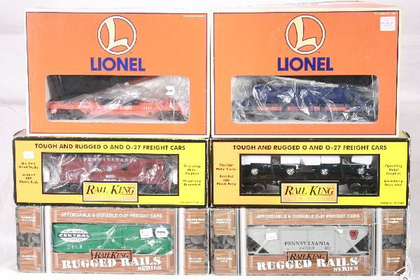 NETTE - 6 Pc/ MTH/ LTI Cars: LTI 26721 & 26722 Dump Cars; RailKing 30-7722 Caboose; 7670 Flat w/Cameros; 33-7501 Hopper; 33-7401 Boxcar, obs C8+