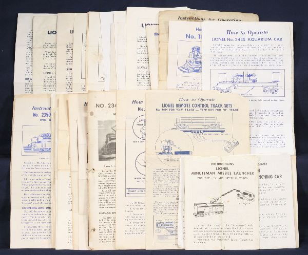 NETTE - 41 LIONEL Instruction Sheets: 2343, worn; 2329;3361; 1862; 57;3435; 6448; 3619; 3665-23; 65; 3419-51; 3562; 2350; 3470-8; 3359; 626-15; 2243-8; 3472; 682 & 736; 50; 470; 216-55;6470; 68; 626-15. All in nice condition
