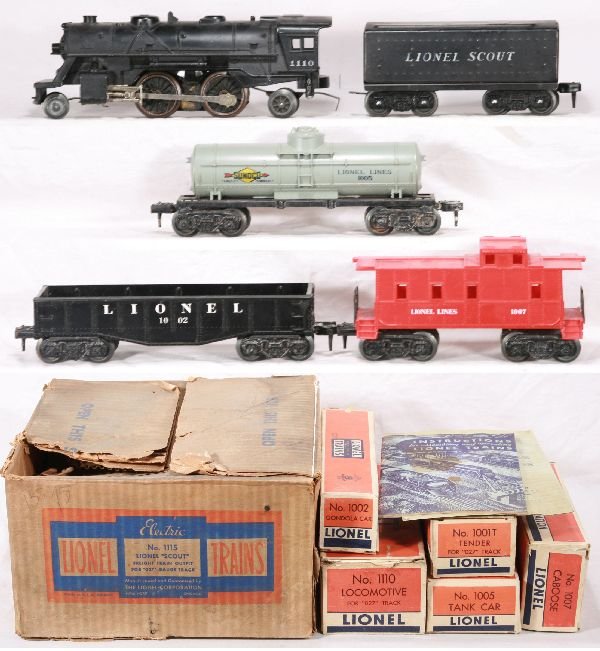 NETTE - LIONEL No. 1115 Scout Freight Set:: 1110 Scout Loco, cab lettering light 1 side; 1001T Tender; 1005 Sunoco Tank Car; 1002 Gondola; 1007 Caboose. Obs with loco insert, C7, 1011 transf., osb has flap wear, some peripherals, C7