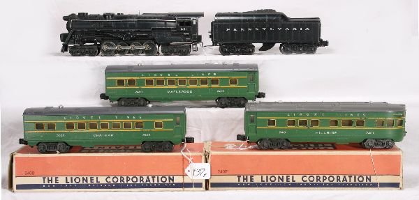 NETTE - 5 Pc. LIONEL 681 Turbine Passenger Set:: 681 PRR Steam Turbine; 2671W Tender, 2 chips, C5; 2400 Pullman, rough ob; 2402 Pullman, ob missing flaps 1 side; 2401 Obsv., cars have nice stripes, o/w C7