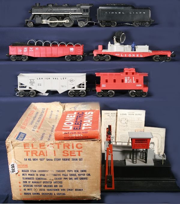 NETTE - Boxed LIONEL/ SEARS Set 9834:: Circa 1965; Second Owner set! 237 Loco, molded body, painted black, missing 1 front step on cowl; 262T Tender; 6822 Searchlight Car; 6176 Hopper; 6342 Culvert Gondola; 6059 M&StL Caboose; 346 Manual C