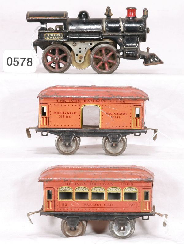 NETTE - 3 Pc. IVES Lot: 1100 Electric Steam Loco, roller incomplete, plated w/red stack; 50 Baggage; 52 Parlor Car, car roofs C5-, o/w C6-