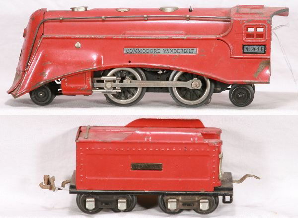 NETTE - 1935 LIONEL 264E Red Comet Loco: Vanderbilt loco, cab fatigued and incomplete, cowl worn and bent, C5; 261T Tender, C6
