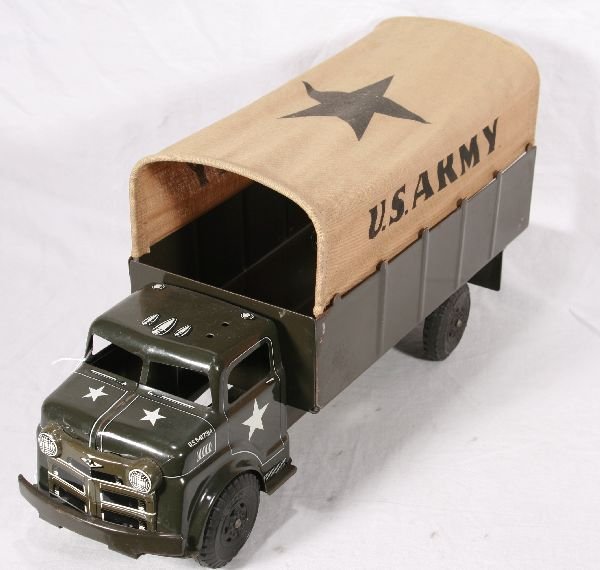 NETTE - Nice BUDDY L Army Truck:: 18" L, with original canvas top, missing plastic cab horn, plastic wheels, o/w C7+ Nice