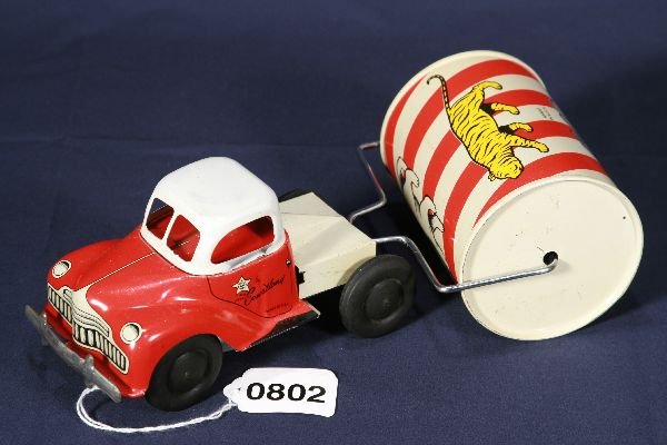 NETTE - Rare CORTLAND Circus Roller Truck:: Very difficult toy to find nice! Litho Tin, 10" L, clock work working, clean & shiny, C8 Tough!