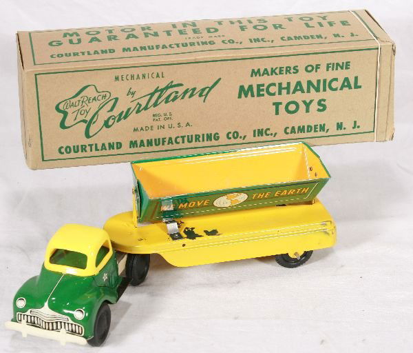 NETTE - Boxed CORTLAND 2700 Earth Moving Truck: Litho Tin, 13" L, clock work working, clean, some flaking of litho on trailer base, shame looks unplayed with! Nice ob, C7 ish