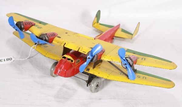 NETTE - MARX US Mail Bi-Plane:: Circa 1930s, litho tin, 18" WS, clock work working, clean w/original props, C6+