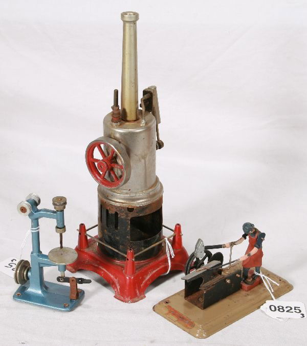 NETTE - 3 Pc. Live Steam Engine Lot: Vertical Steam Engine, some oxi, missing burner w/worn instructions; Fleischmann Black smith; Cast Drill Press, o/w C6