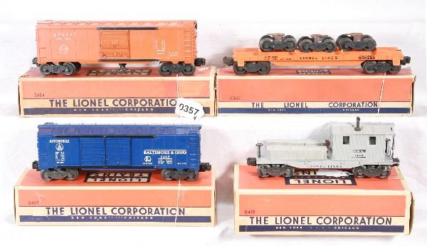 NETTE - 4 Boxed LIONEL Freight Cars:: 6468 B&O Boxcar; 6362-55 Truck Car, original load, but rusty; 3494-25 SF Oper. Boxcar, 2 chipped steps; 6419 DL&W Work Caboose, obs worn, o/w C7